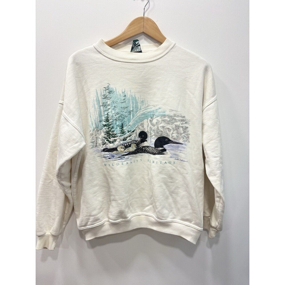Vintage 90s Northern Reflections Loon Bird Crewneck Sweatshirt White Sz L